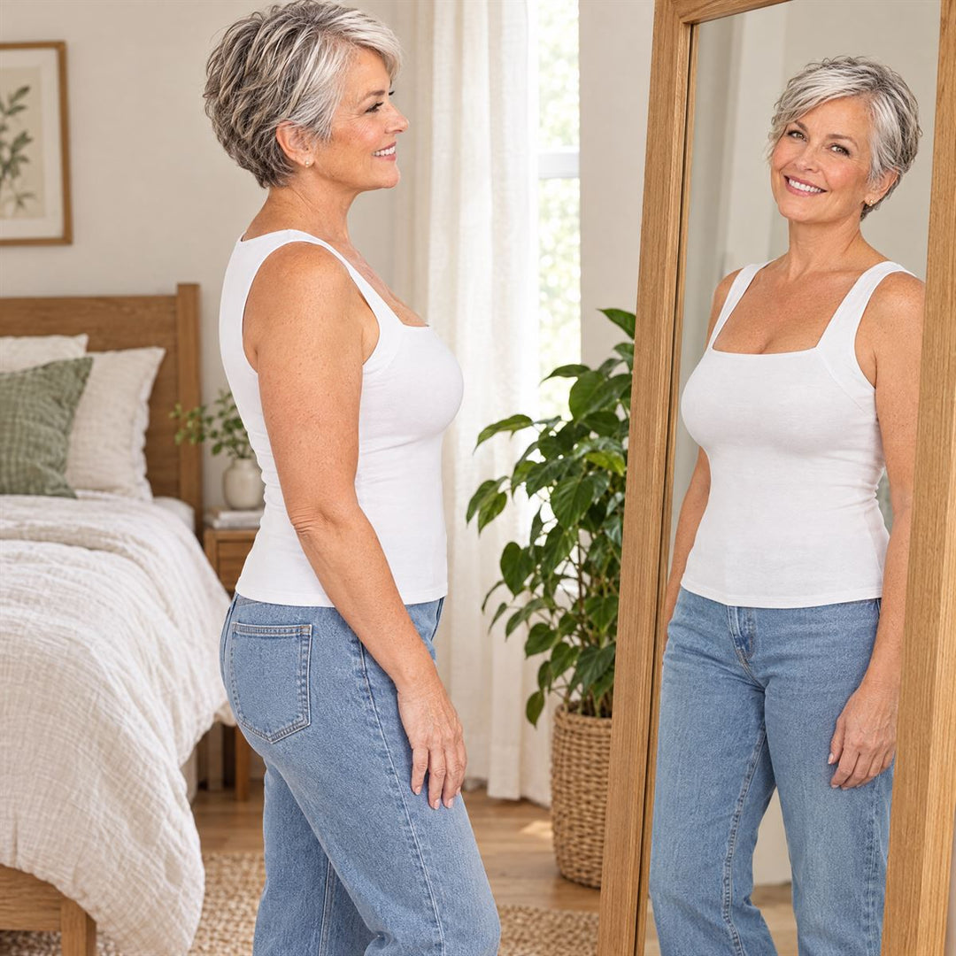 Woman in the white tank checking her lifted profile in a mirror