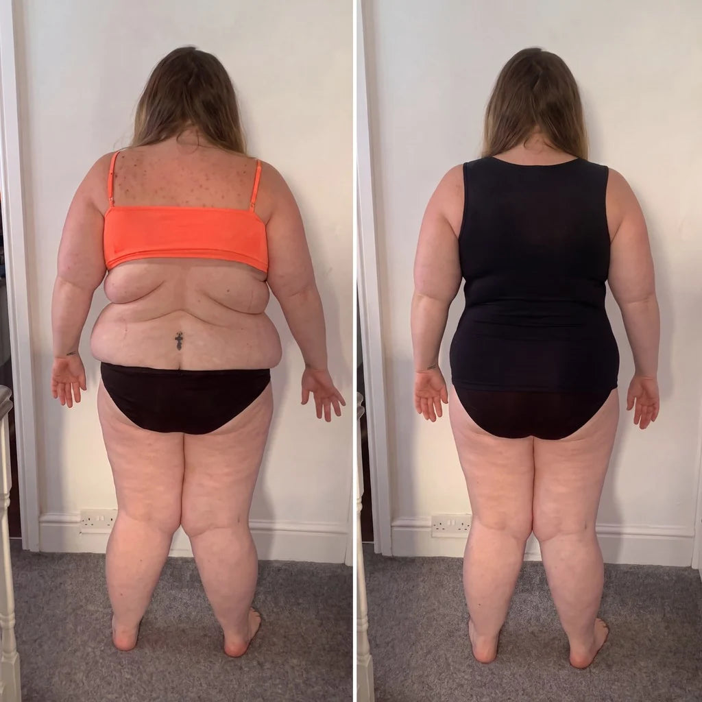 Before and after, back view: a bra with back rolls, then a smooth back in the Black tank