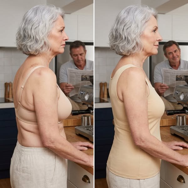 Side view of the same woman in her kitchen before and after: in her bra her bust sits low; in a nude tank it is lifted and she stands taller