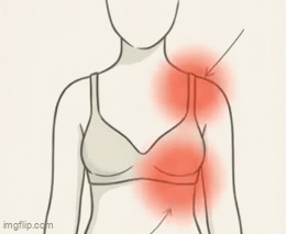 Illustration of a regular bra with red pain spots pulsing where the strap presses on the shoulder and where the band squeezes under the bust