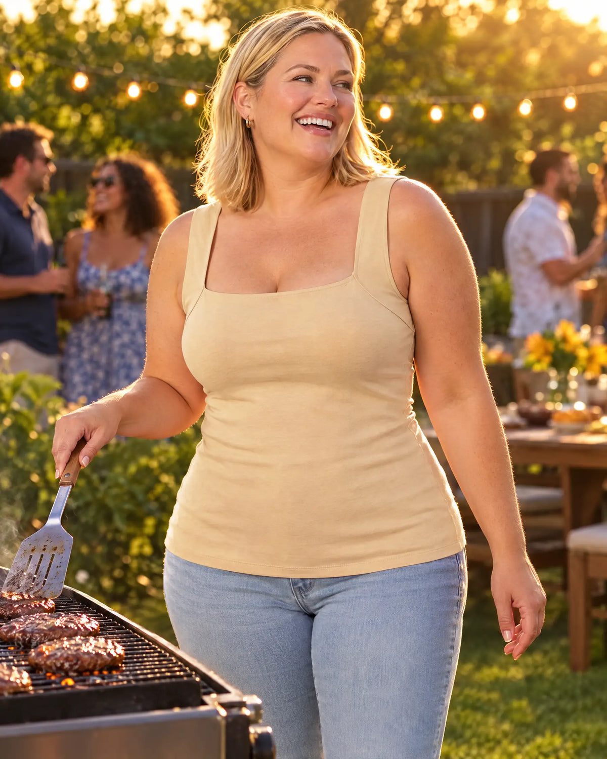 The same woman at the grill in the Beige SmartFit tank: relaxed and laughing