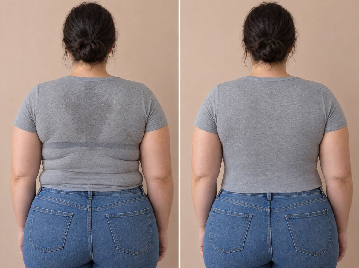 Back view in a grey T-shirt: with a regular bra there is a band line, rolls and a sweat patch; with SmartFit the back is smooth