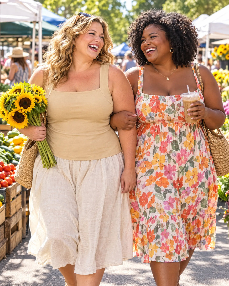 Two curvy friends laughing arm in arm at a farmers market, one in the Beige bra tank
