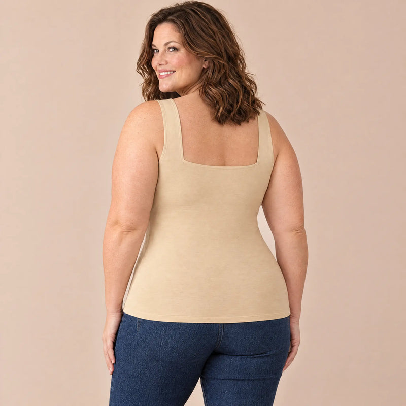 Back view of the Beige bra tank: smooth back with no band
