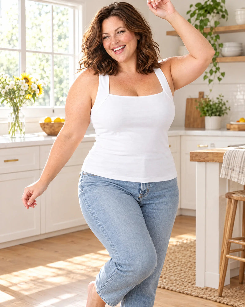 Curvy woman dancing in her kitchen in the White bra tank