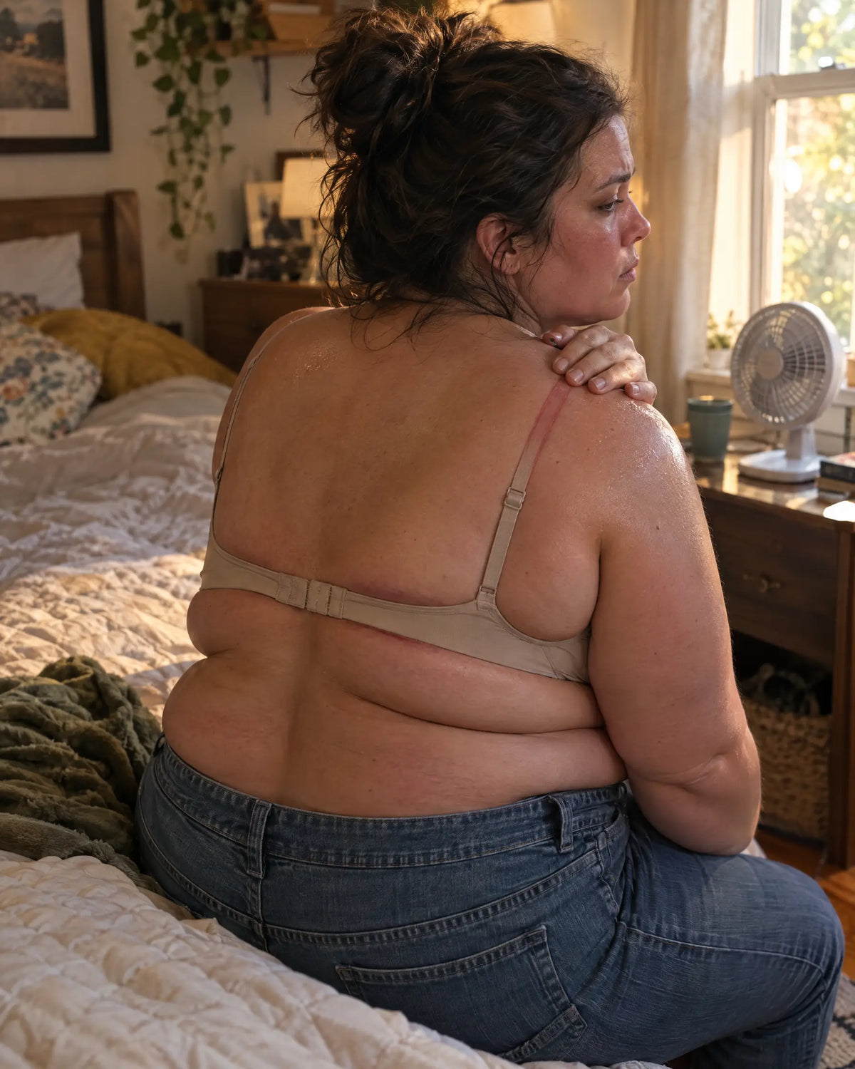 Tired woman on the edge of her bed rubbing a red strap mark on her shoulder at the end of a hot day