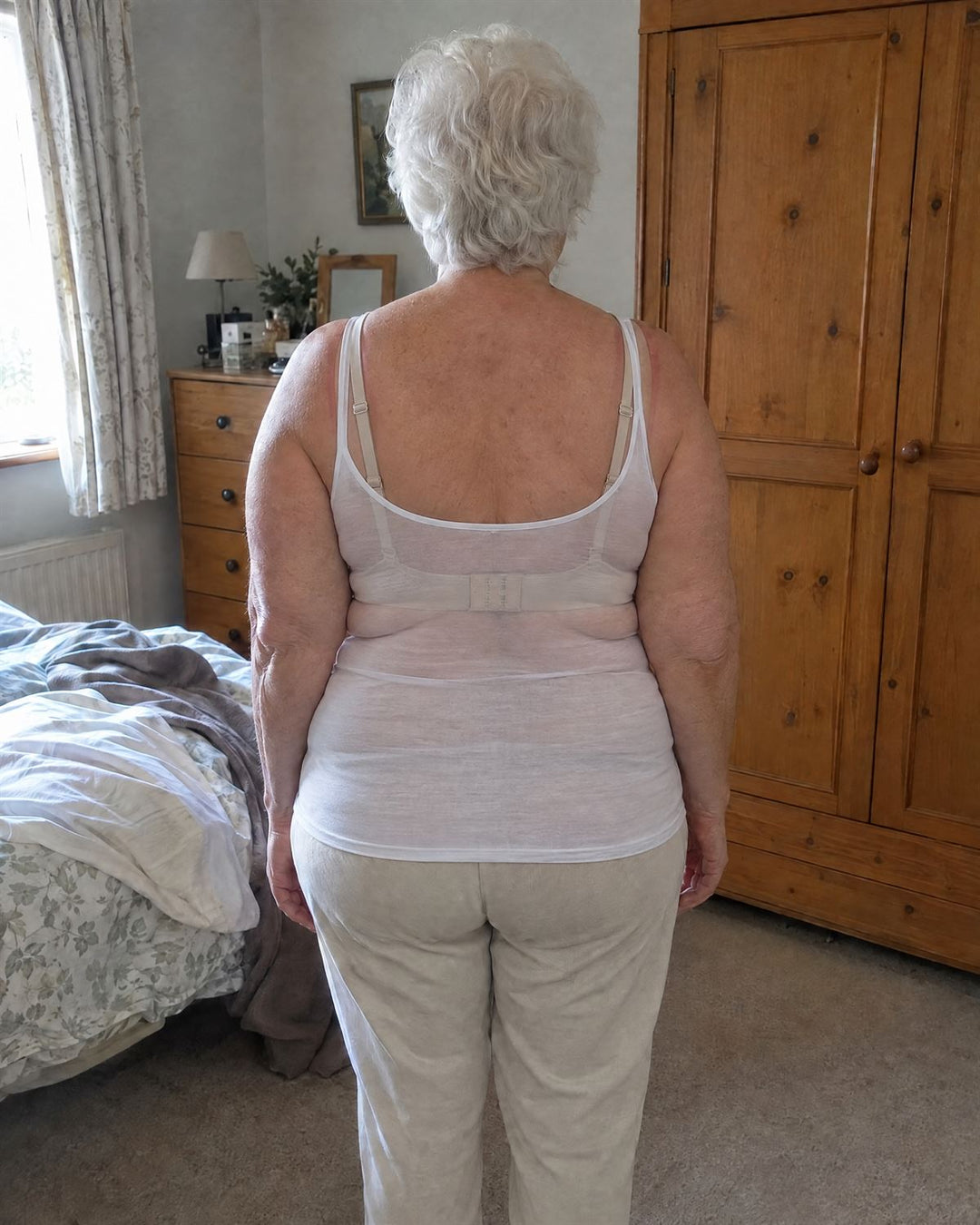 The same woman in a sheer camisole over her old bra: the bra, its hooks and the rolls above and below the band show through