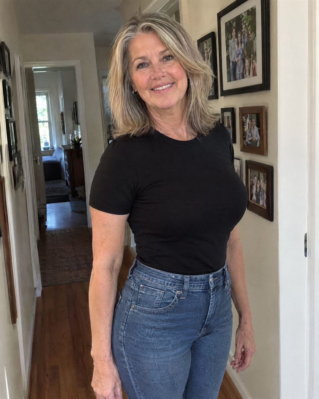 Woman in a fitted black t-shirt worn over SmartFit: lifted bust and a defined waist